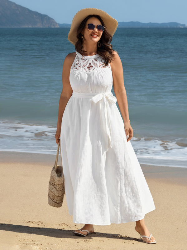 bloomchic dresses Cotton Sheer Lace Neckline Waist-Tie Maxi Dress Women's US Size:5 Kaylani Strapless Corset Bodycon youll always find something Round Neck Dresses